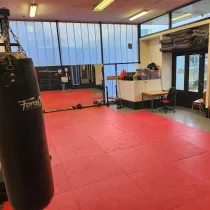 Een trainingsruimte met een rode matvloer, ideaal voor vechtsporten of fitness. Een grote bokszak hangt aan de linkerkant, en spiegels langs de muur vergroten de ruimte. In de hoek liggen opgestapelde matten en sportuitrusting, wat de praktische en georganiseerde sfeer benadrukt. Grote ramen en een deur zorgen voor natuurlijk licht en frisse lucht.