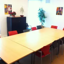 Een gezellige vergaderruimte met een grote houten tafel omringd door kleurrijke rode en zwarte stoelen. De witte muren zijn versierd met moderne schilderijen, en een grote plant in de hoek brengt een frisse en natuurlijke uitstraling. Een zwarte kast met decoratieve bloemen zorgt voor een nette en georganiseerde look, waardoor de ruimte zowel functioneel als sfeervol is voor bijeenkomsten of creatieve sessies.