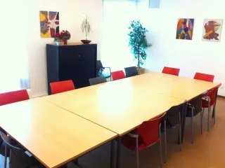 Een gezellige vergaderruimte met een grote houten tafel omringd door kleurrijke rode en zwarte stoelen. De witte muren zijn versierd met moderne schilderijen, en een grote plant in de hoek brengt een frisse en natuurlijke uitstraling. Een zwarte kast met decoratieve bloemen zorgt voor een nette en georganiseerde look, waardoor de ruimte zowel functioneel als sfeervol is voor bijeenkomsten of creatieve sessies.
