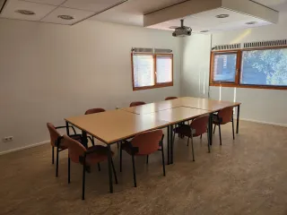 Een compacte en functionele activiteitenruimte met een centraal geplaatste tafel en comfortabele stoelen. De ruimte is voorzien van een projector aan het plafond, wat het ideaal maakt voor presentaties, kleine bijeenkomsten of lesgeven. De ramen zorgen voor voldoende natuurlijk licht, wat een aangename werkomgeving creëert.